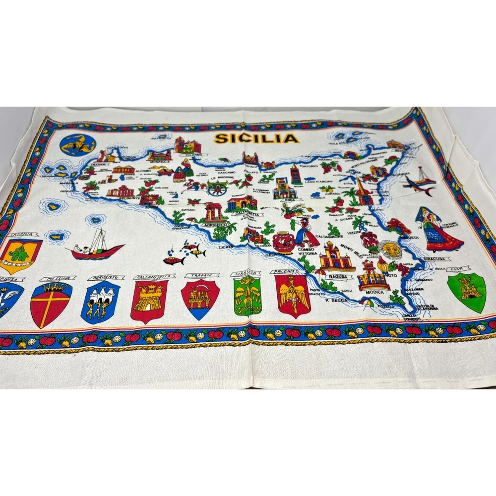 VTG SICILIA Sicily Cotton Tea Towel Dish Kitchen Towel Map Landmarks Crest 23x34